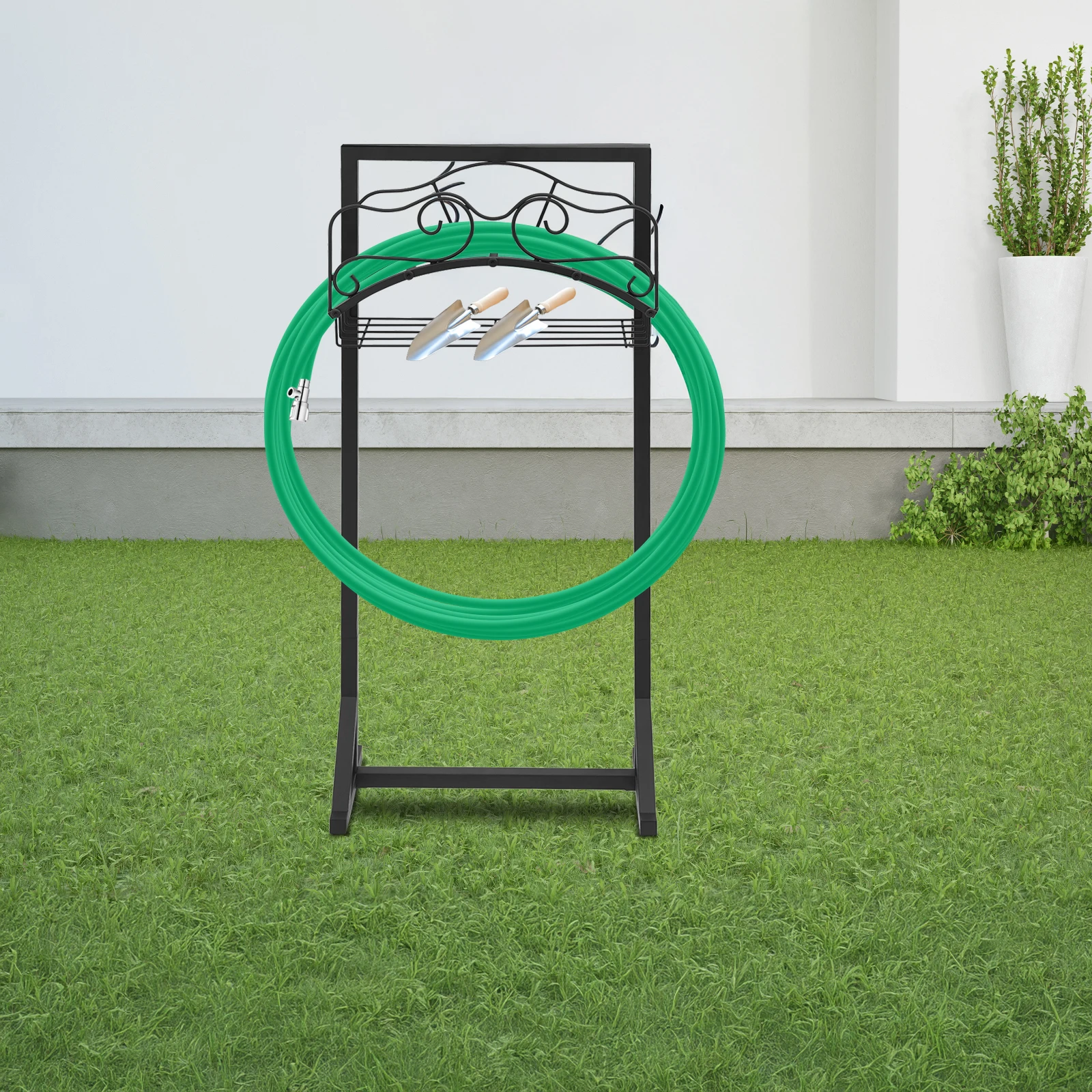 Schwarzer Gartenschlauchhalter aus Eisen, freistehender Schlauchständer, Gartenwasserschlauch-Aufbewahrungsständer für Gärten, Hinterhöfe, Rasen, Terrassen – Detail 14