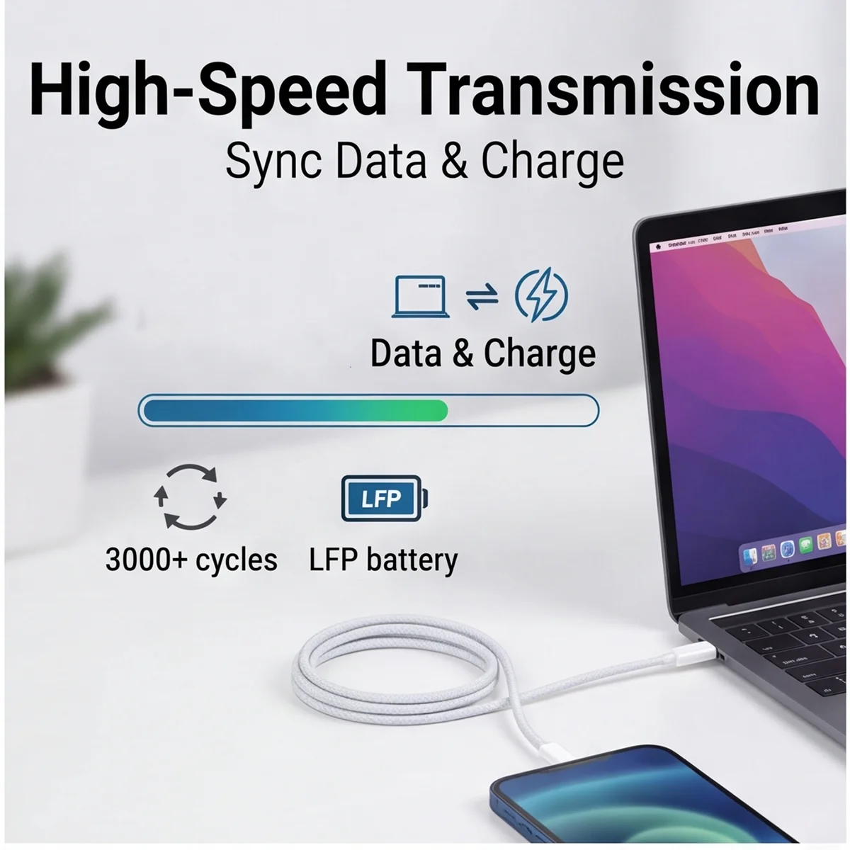 USB-C to USB-C Charging Cable, Universal Fast Charging Cord, Braided USB-C Data Cable, Reversible USB-C Connector Cable, High-Sp - 6