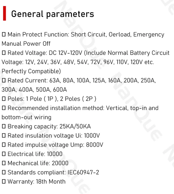 DC12V 24V 48V 60V 110V Circuit Breaker 100A 200A 300A 400A 600A