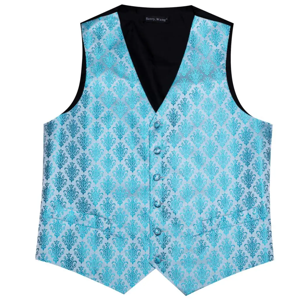 Elegant Vest for Men Waistcoat Tie Set Silk Blue Silver Wedding Groom Formal Male Dress Suits Man Gilet Sleeveless Barry Wang