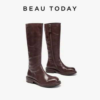 BEAUTODAY Retro Long Boots Women Genuine Horse Leather Riding Boots Sewing Round Toe Zipper Ladies Autumn Knee High Shoes 01107