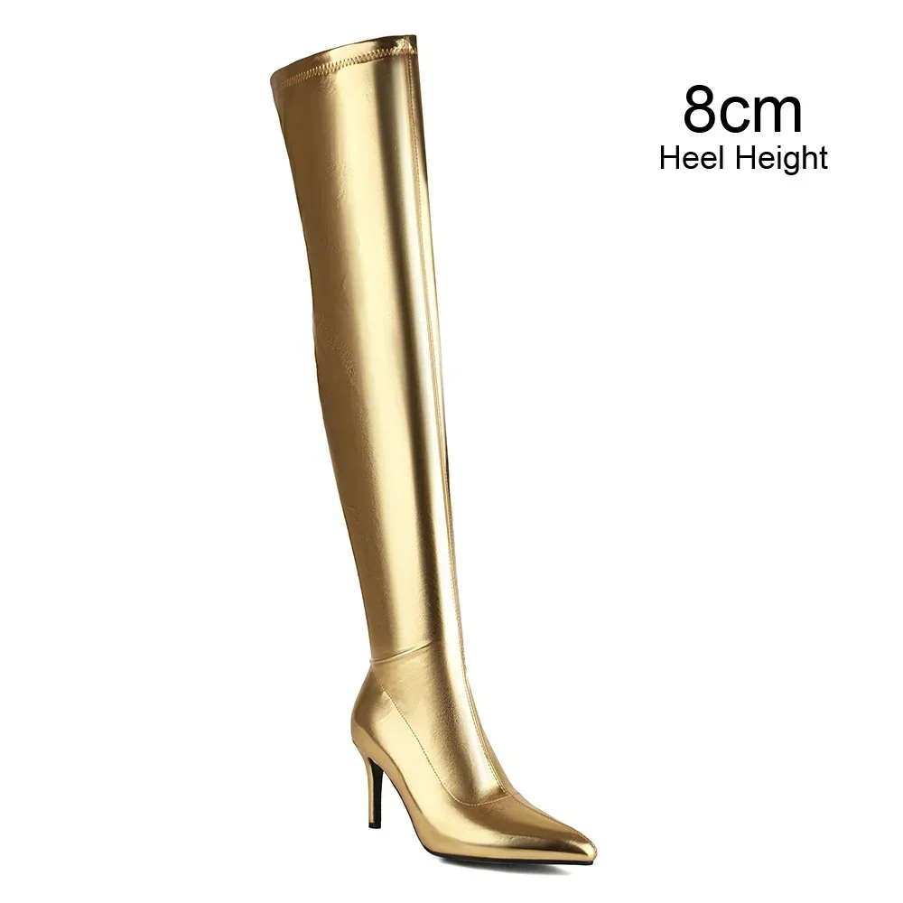 Gold Metallic Stretch Thigh High Boots Women Spike Heel