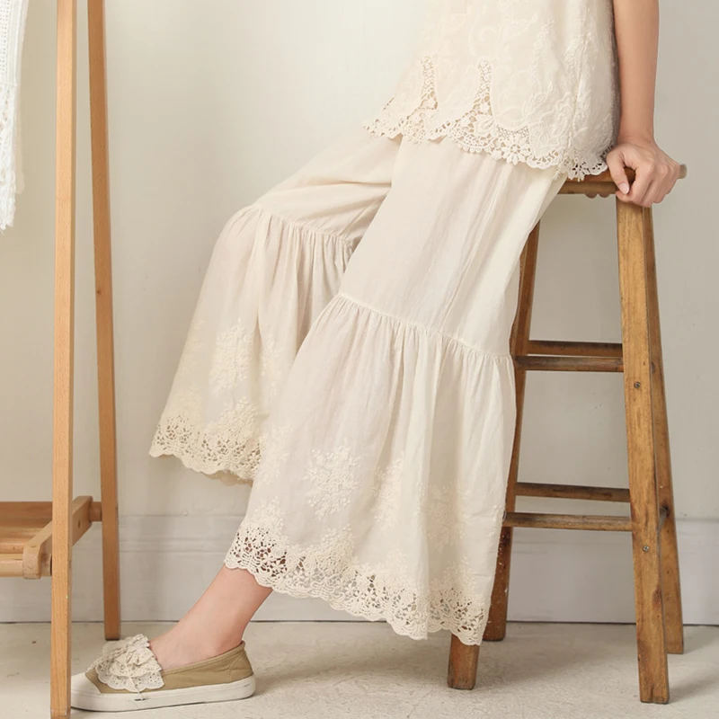 

Summer Japanese Mori Girl Sweet Pants Women Elastic Waist Loose Embroidery Hollow Out Wide Leg Pants Ankle Length Pants K045