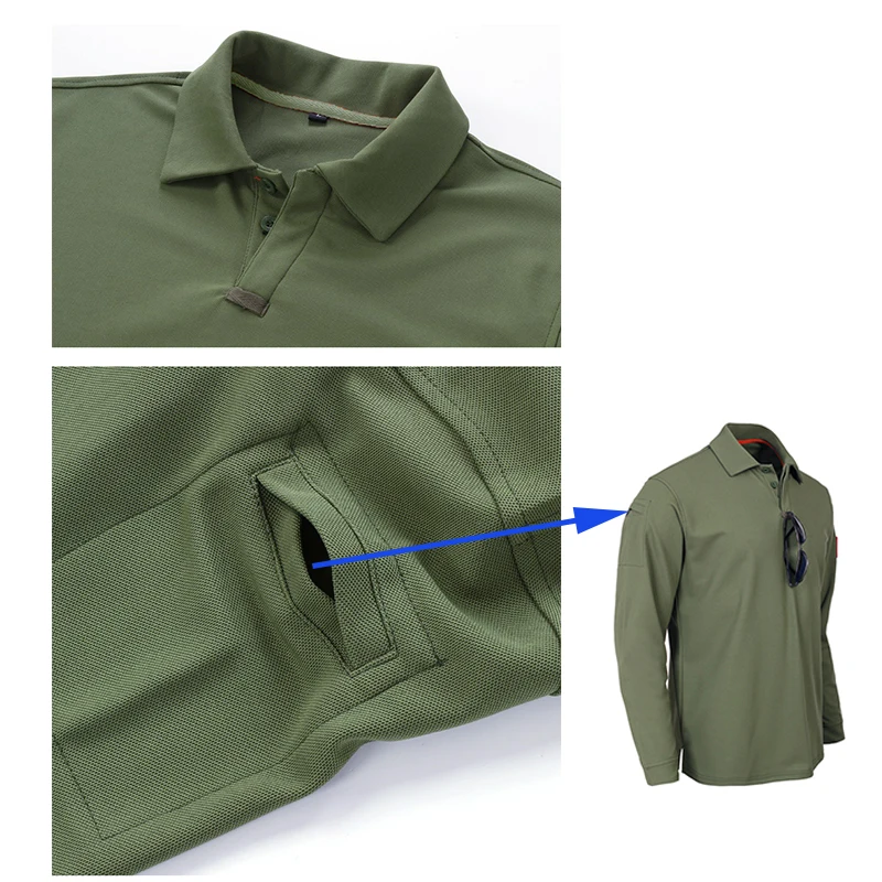 Men's Tactical Long Sleeve Polo Shirt Quick Dry Elastic Breathable T-Shirt for Hiking Camping Spring Pullover Outdoor Clothes