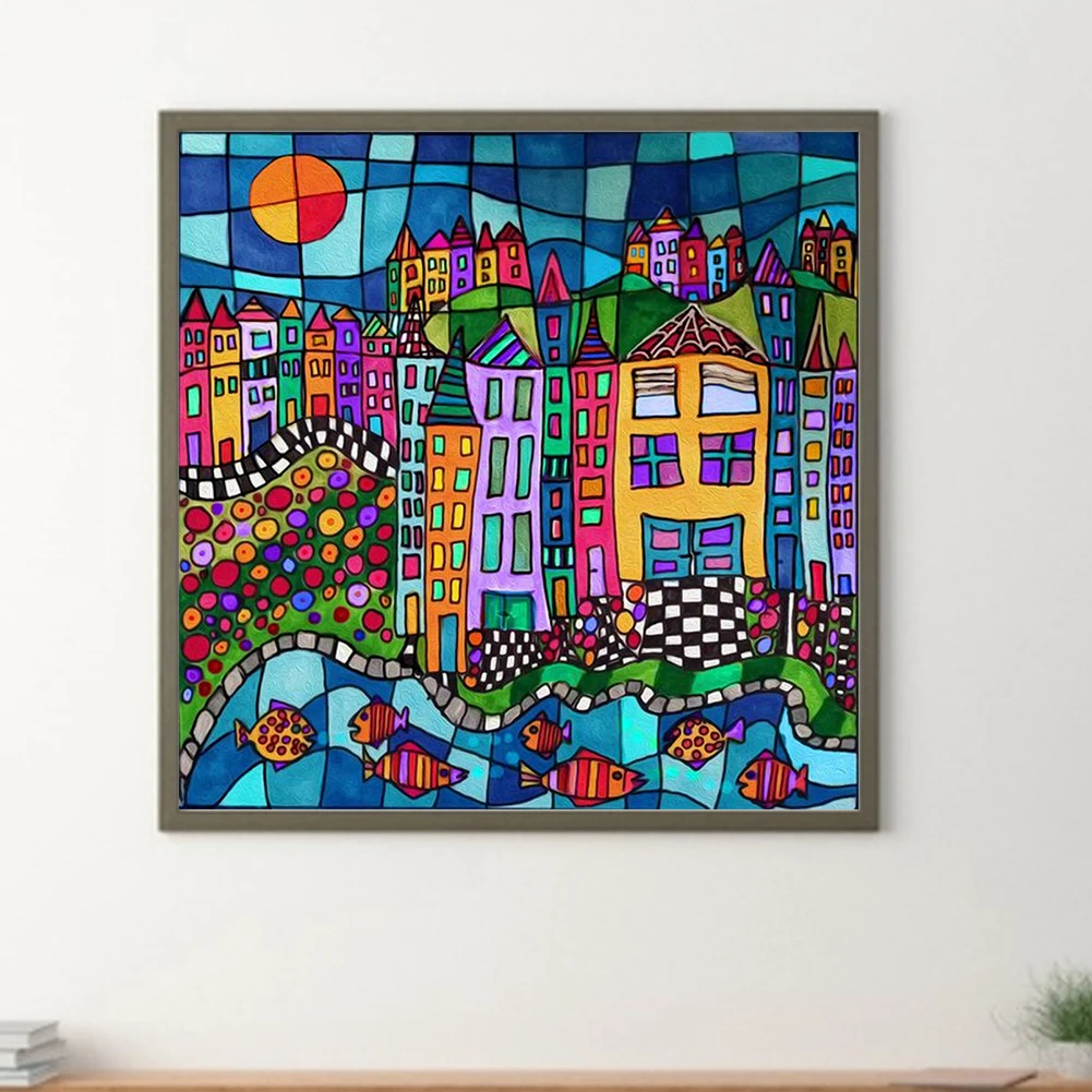 5D DIY Full Round Drill Diamond Painting Colorful House Abstract Series Decor