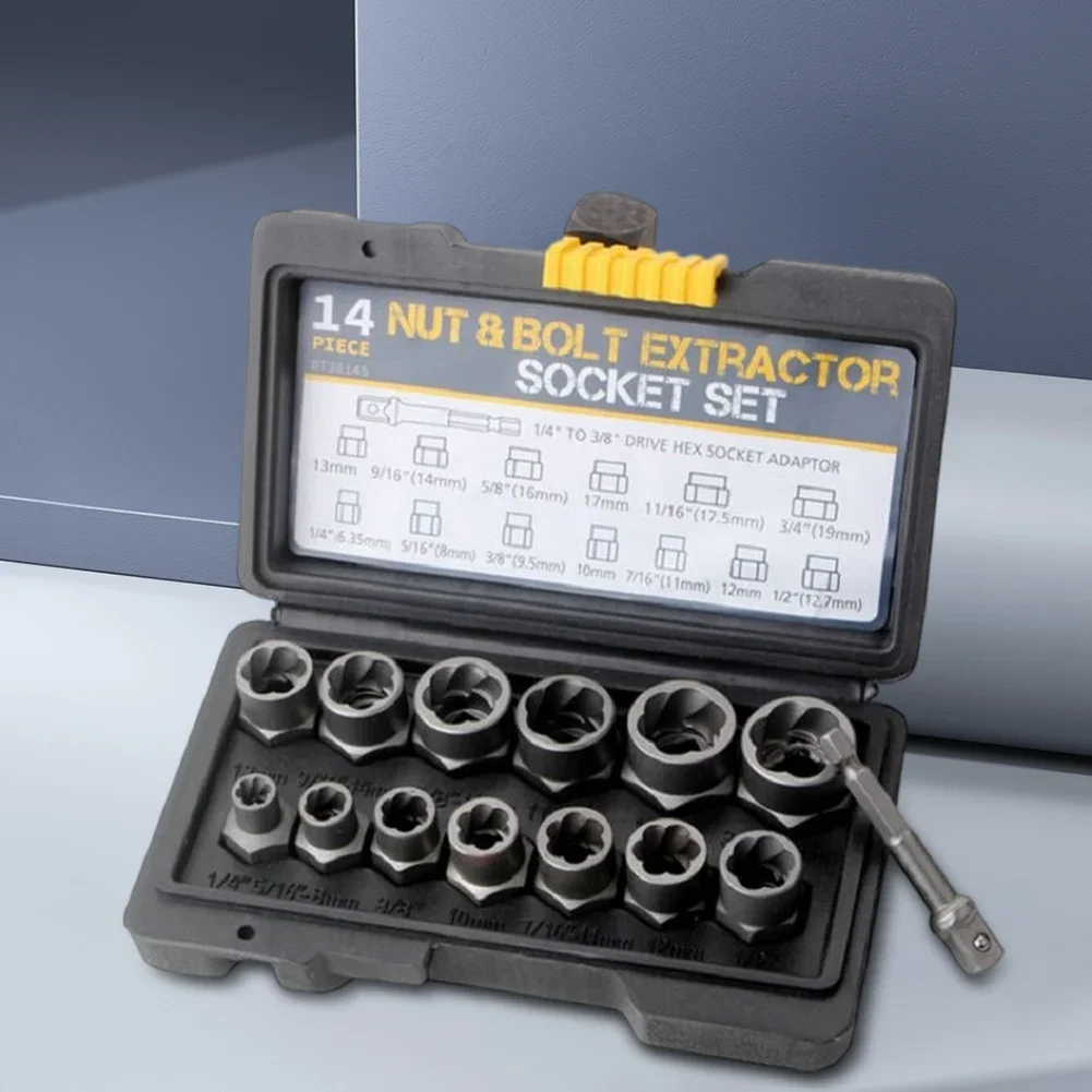 Nut Bolt Extractor Sleeve Set 14 Pieces with Storage Case Damaged Bolt Removal Tool