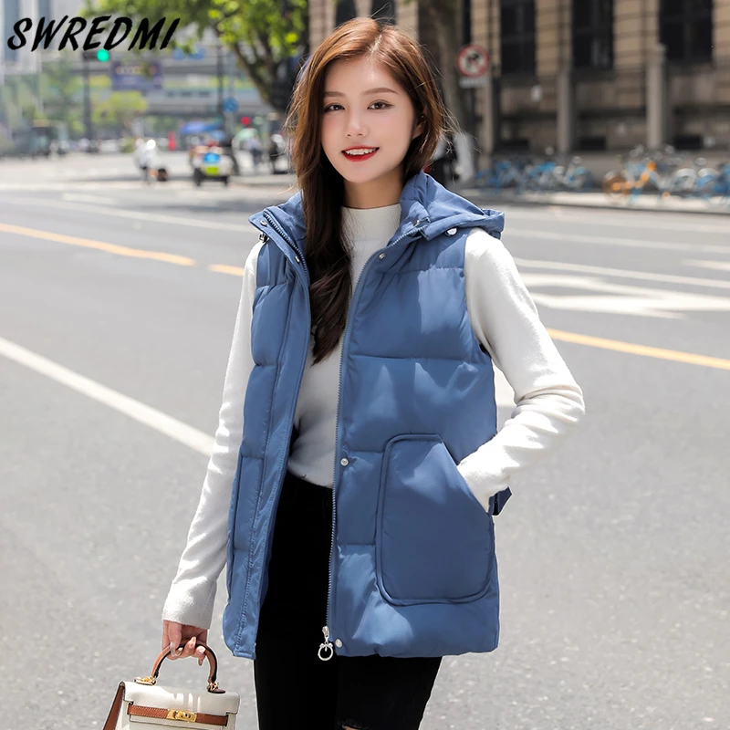 

SWREDMI Autumn And Winter Fashion Hooded Vest Coat Women Cotton Padded Warm Waistcoat Solid Snow Wear Jacket Sleeveless S-3XL