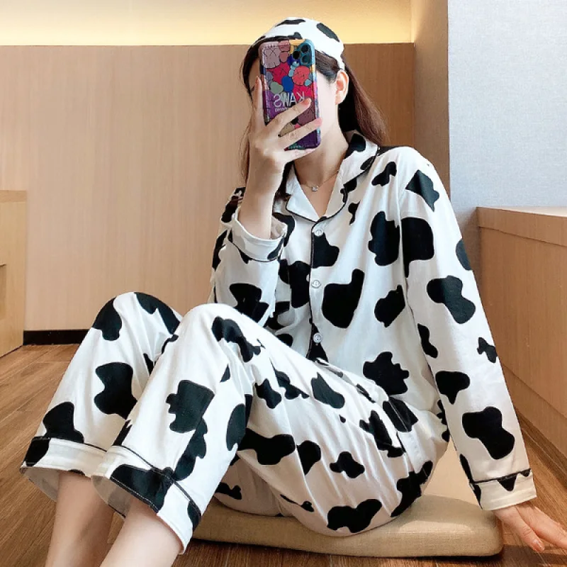 Women Pajamas Set 100% Cotton Pyjama Cow Spot Pijama Female Homewear Soft Sleepwear Long Sleeve Lapel Shirt Pants Suit Nightwear