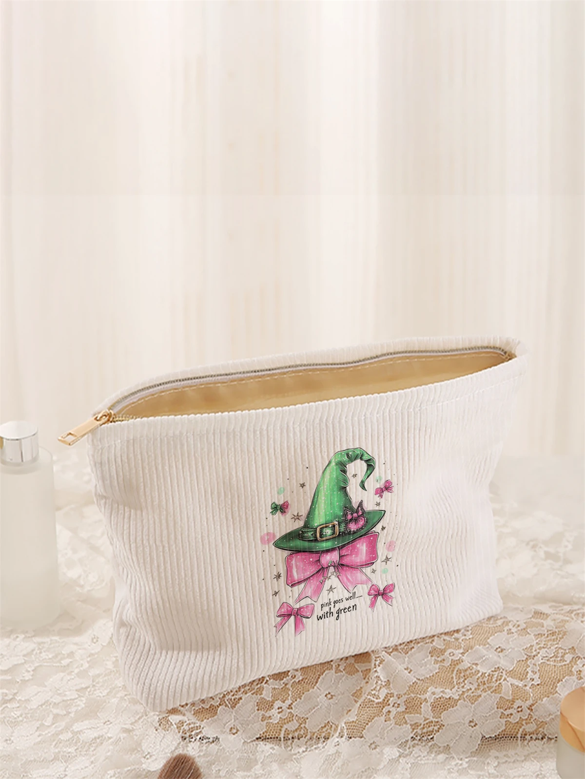 1pc Butterfly Pattern Printed Corduroy Makeup Bag, Lightweight Zipper Makeup Storage Box, Multi functional Bag with Lining