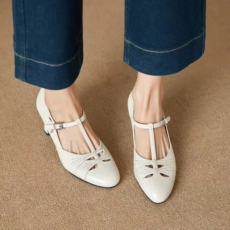 Elegant Women's Sandals Summer Shoes 2025 Genuine Leather Ankle Straps Red Nude Low Heels Flip Flops Female Party Shoe Close Toe 4