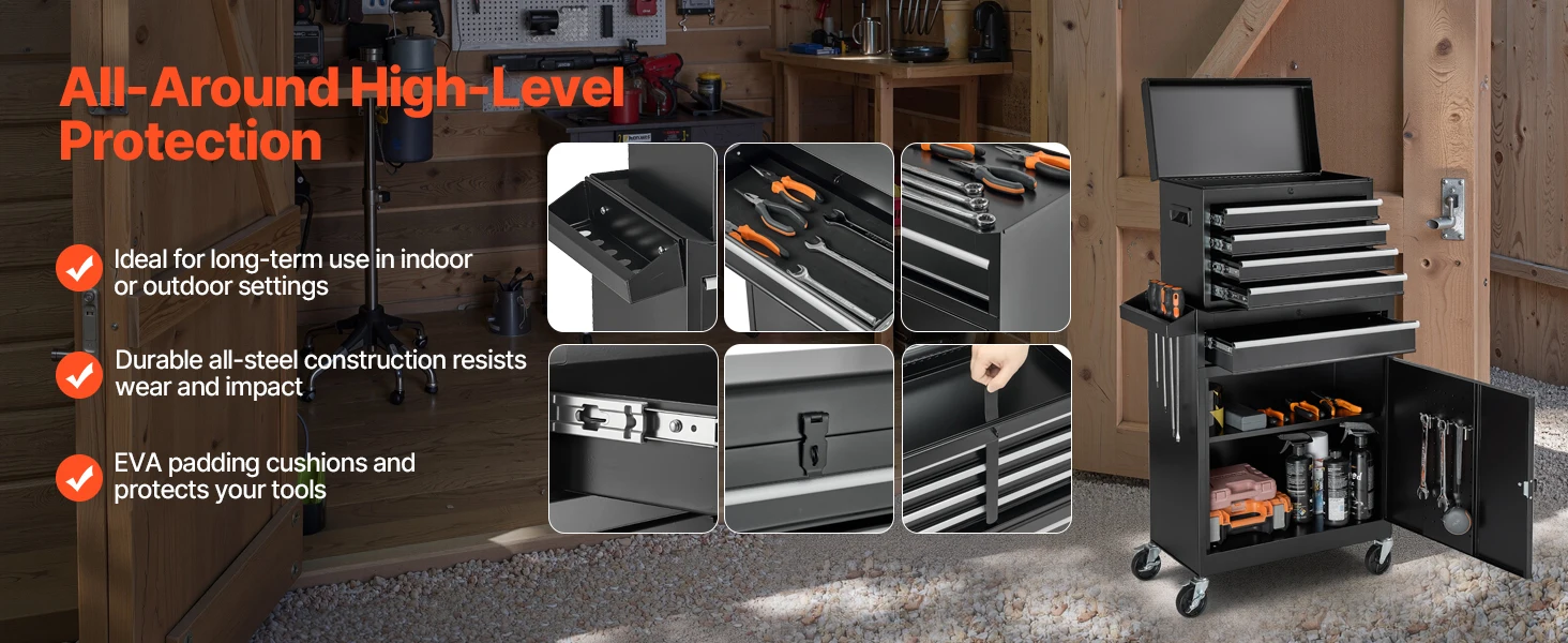 SucceBuy 5 Drawers Rolling Tool Chest 2-in-1 Tool Cabinet Organizer with Lock Bar Metal Toolbox for Workshop Garage Storage