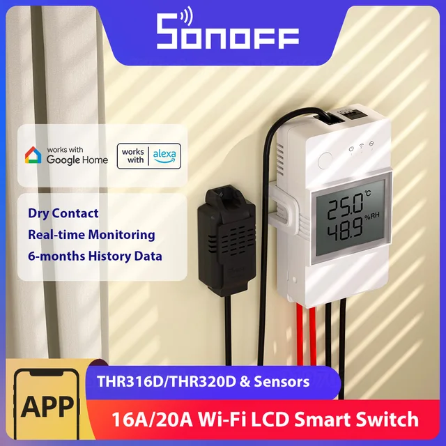 SONOFF THR316D/THR320D อุณหภูมิความชื้นสมาร์ทสวิทช์ 16A/20A แห้งเอาต์พุตหน้าจอ LCD การตรวจสอบผ่าน eWeLink Alexa 1