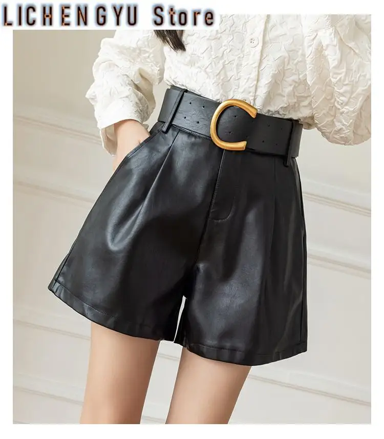 New Women's PU Leather Shorts With Belt Winter Stylish Pockets Ladies Elegant Solid Casual Shorts Trousers Female
