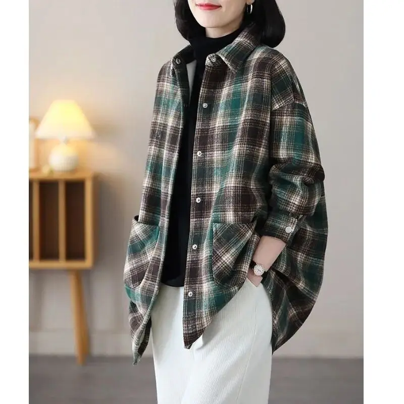 2023 Spring and Autumn New Women's POLO Collar Long Sleeve Shirt Plaid Fashion Foreign Office Lady Casual Loose Women's Top