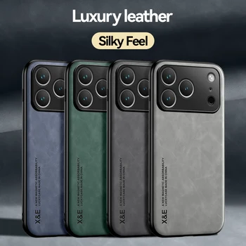 Luxury Leather Case For iPhone 17 16 15 14 13 12 11 Pro Max Plus 13 12 Mini 17 Air 16E Cover With Metal Plate Support Car Hold 1