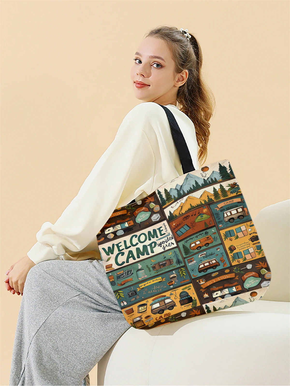 1pc,puzzle illustration style handbag, reusable fashionable handbag, multifunctional handbag, printed canvas shopping bag