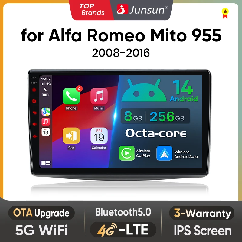 Junsun AI Wireless CarPlay für Apple Android Auto Autoradio für Alfa Romeo Mito 2008 2009 2010 2011–2016 Multimedia Navi Stereo