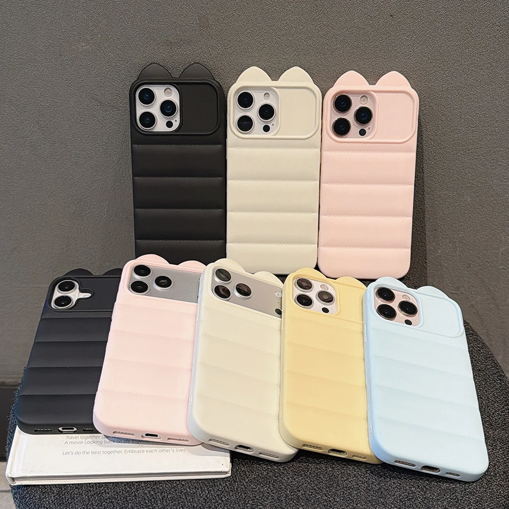 Adorable 3D Cat Ears Soft Phone Case with Down Jacket Shockproof Back Cover
