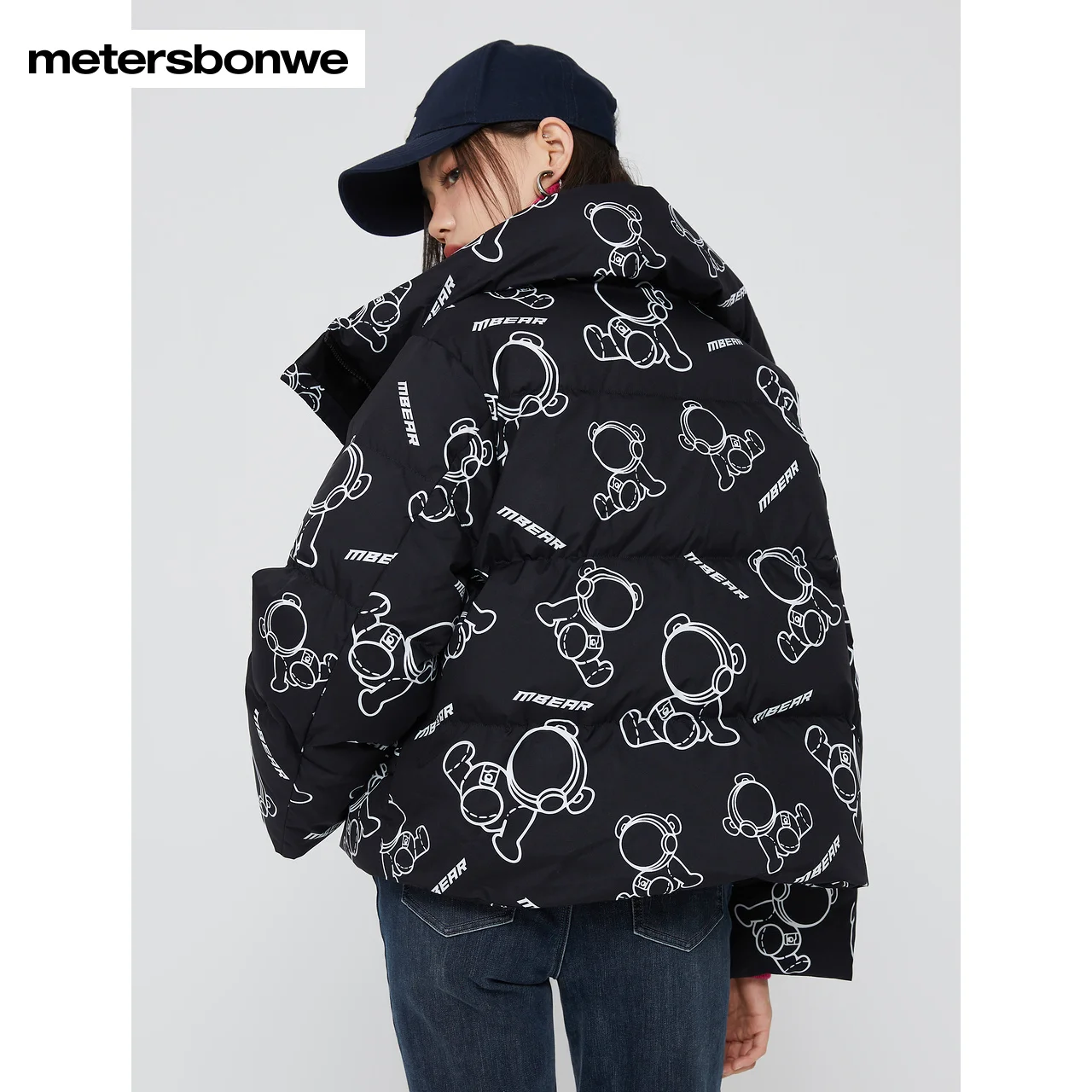 Metersbonwe Women's 22New Winter Full Cartoon Print Down Jacket 80% Duck Down Thick Short Warm Wear Stand Collar Loose Outwear