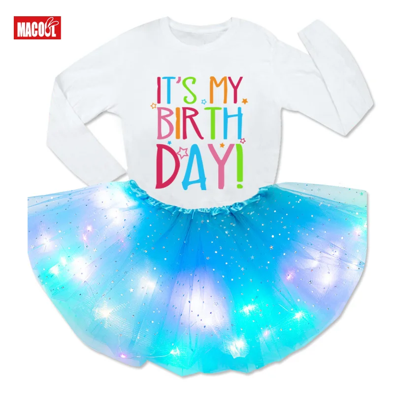 

Girls Tutu Dress Long Sleeve Shirt Suit Outfits IT'S MY BIRTHDAY Sets Princess Party Led Light Tutu Suit Outfits Skirts Clothes
