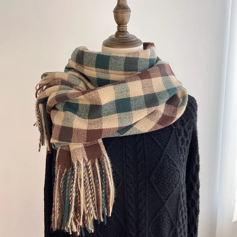 Pamwallymensa Women's Scarf Winter Luxury Brand Tippet Scarves for Ladies Plaid Shawls Warm British Style Thicken Man