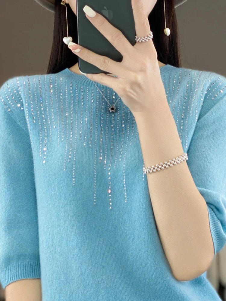 

Women's Sweater Korean Short Sleeved Wool Sweater Seamless Readymade Garment With Diamond Round Neck T-Shirt Slim Fit Pullover