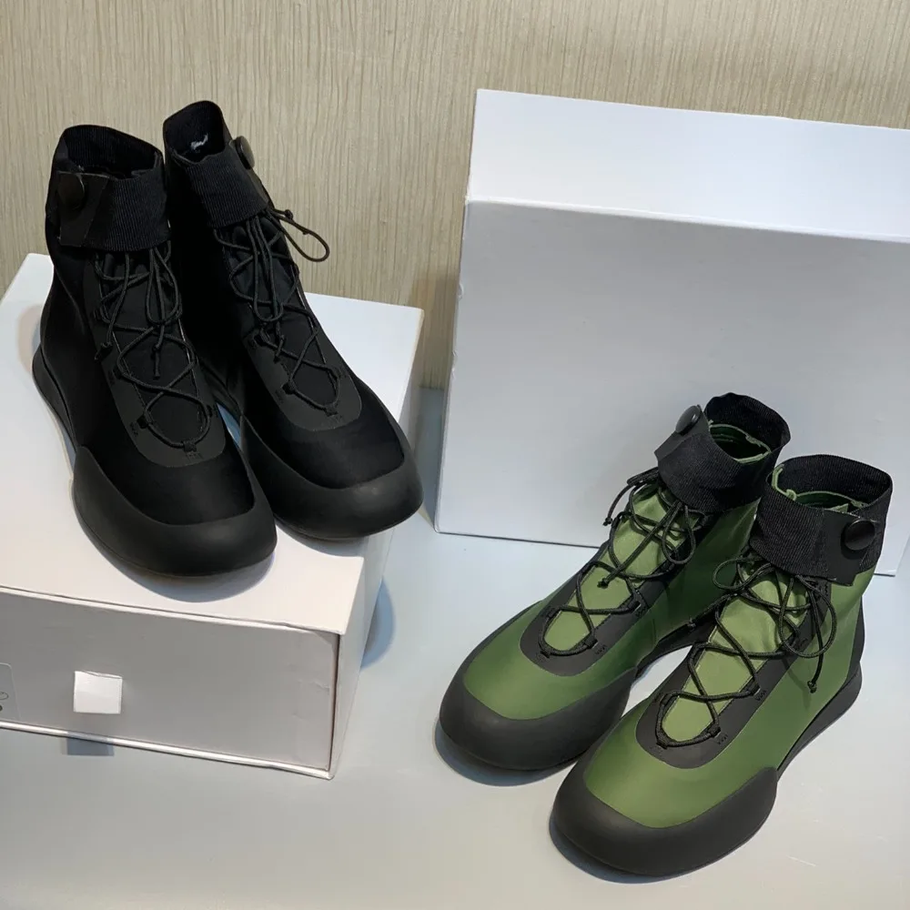 

Европейские и американские модные вязаные сапоги на плоской подошве со шнуровкой для женщин