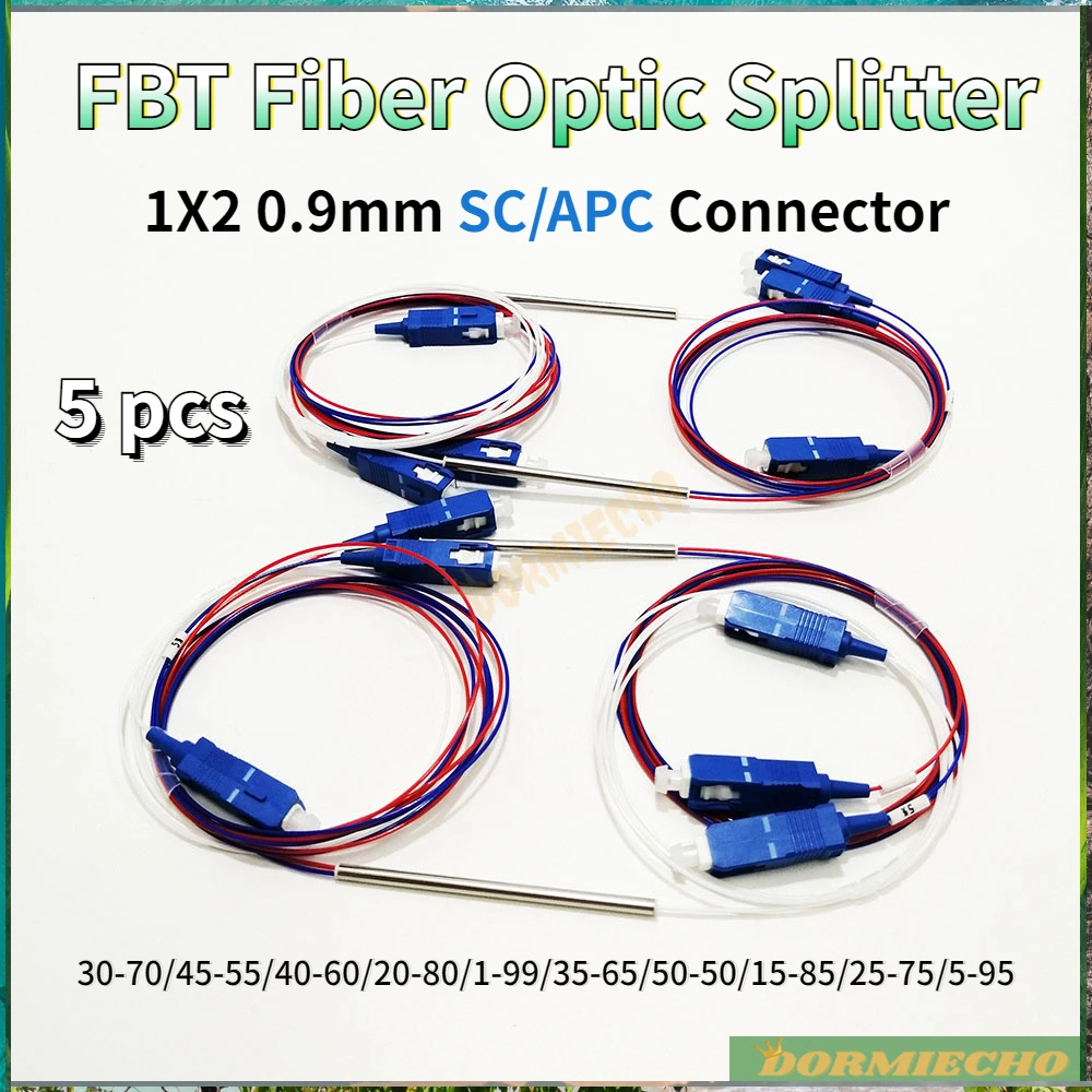 5Pcs High Quality 1X2 Fiber Optic Fbt Splitter With Sc Upc Connector 0.9Mm Unbalanced Coupler Various Optional Split Ratio Ftth