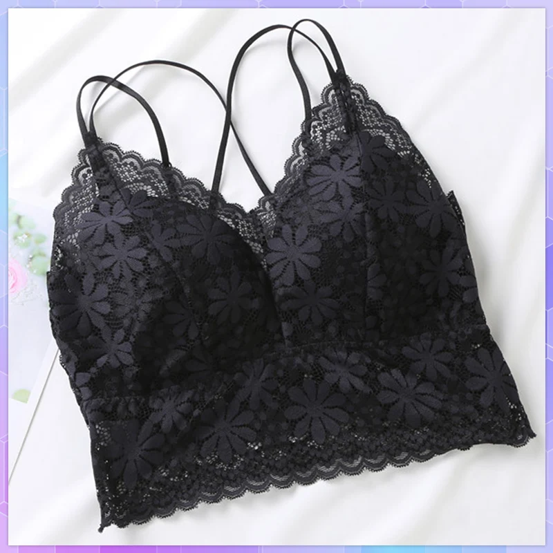 

Sexy Women's Lace Bras Tank Top With Cups Bralette Solid Add Pad Basic Tube Tops Beauty Back Camisole Vest Female Seamless Bra