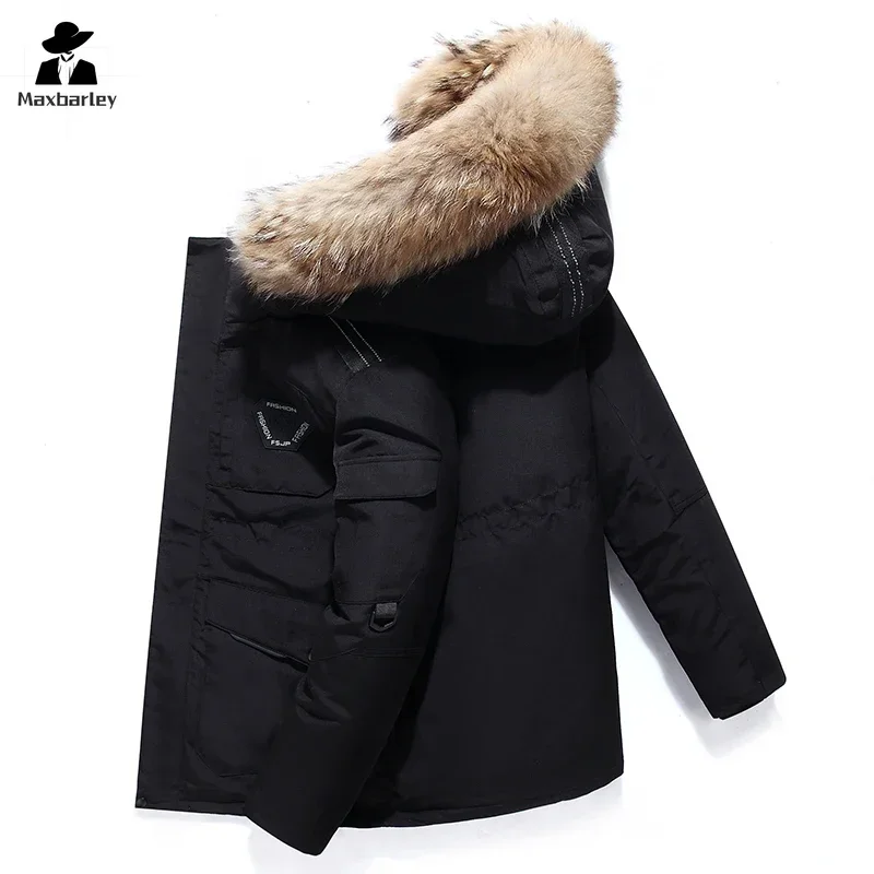 Winter Down Jacket Men's South Korea Running Fur Collar Hooded Luxury White Duck Down Warm Coat Cold-proof Tooling Parka