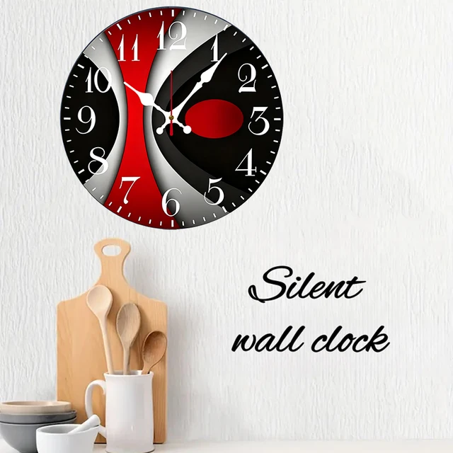 Black & Red Wooden Round Silent Wall Clock 3