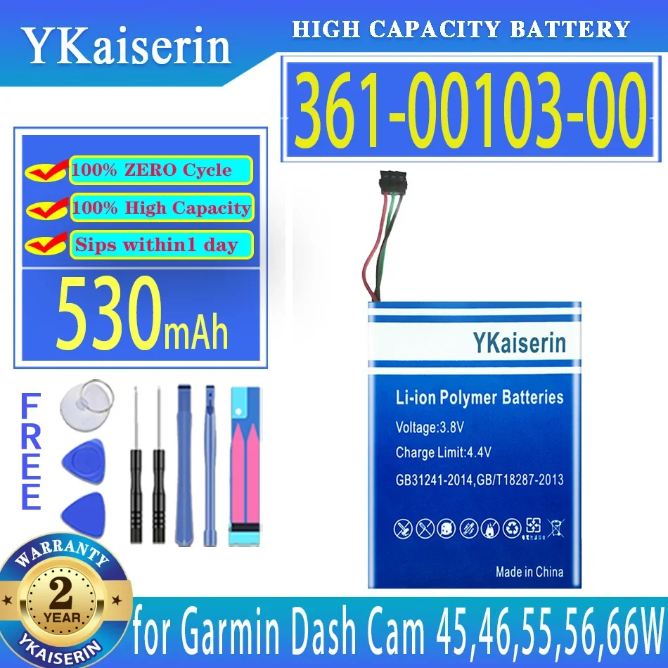Ykaiserin 530Mah Batteria Di Ricambio 361-00103-00 Per Garmin Dash Cam 45 46 55 56 66W Registratore Di Guida