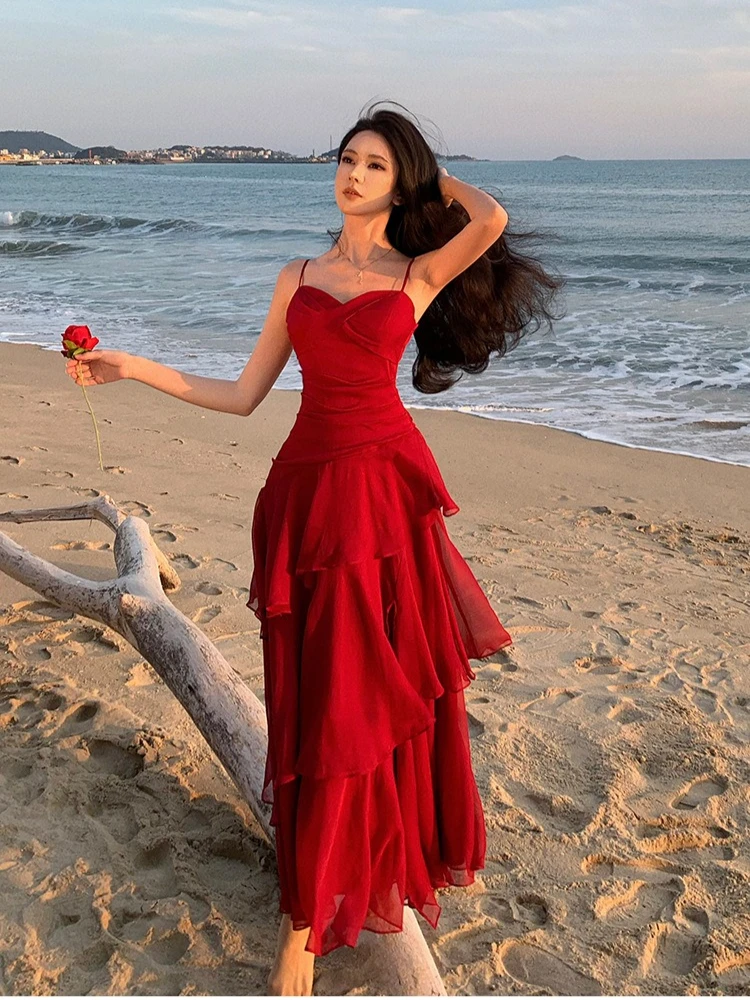 Stunning Red French Style Dress Large Flounce Waist Beach