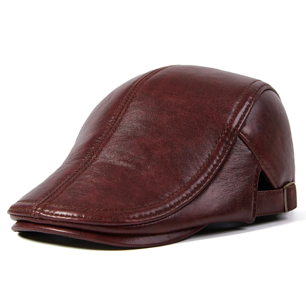 BUTTERMERE Men Beret Hat Real Leather Flat Cap Sheepskin Autumn Winter Male Brown Adjustable High Quality  Mens Beret Caps 5