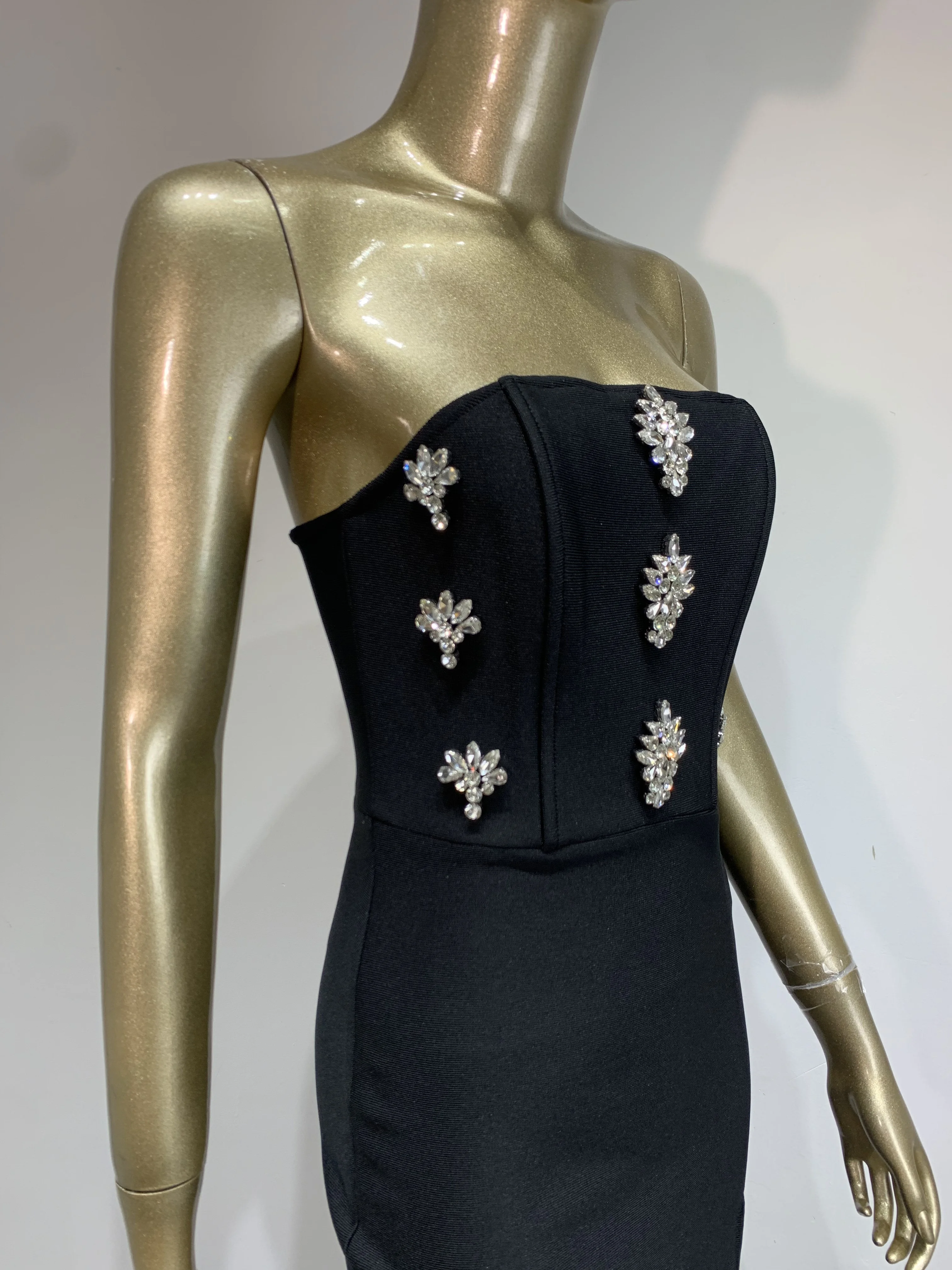 Women Celebrity Sexy Strapless Backless Diamonds Black Maxi Long