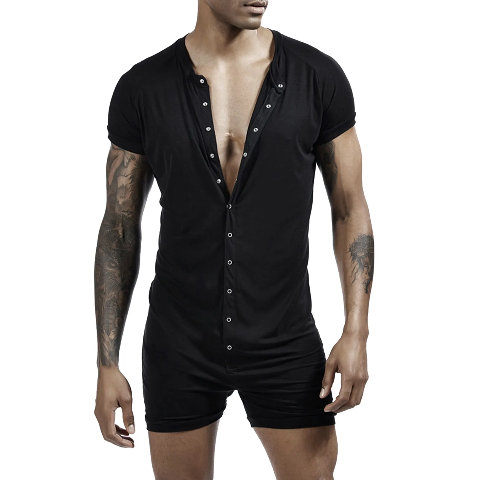 Male Short Sleeve Jumpsuit Spring Tight Soild Color Button Jumpsuit Summer Home Clothes Man Cozy Sleepwears