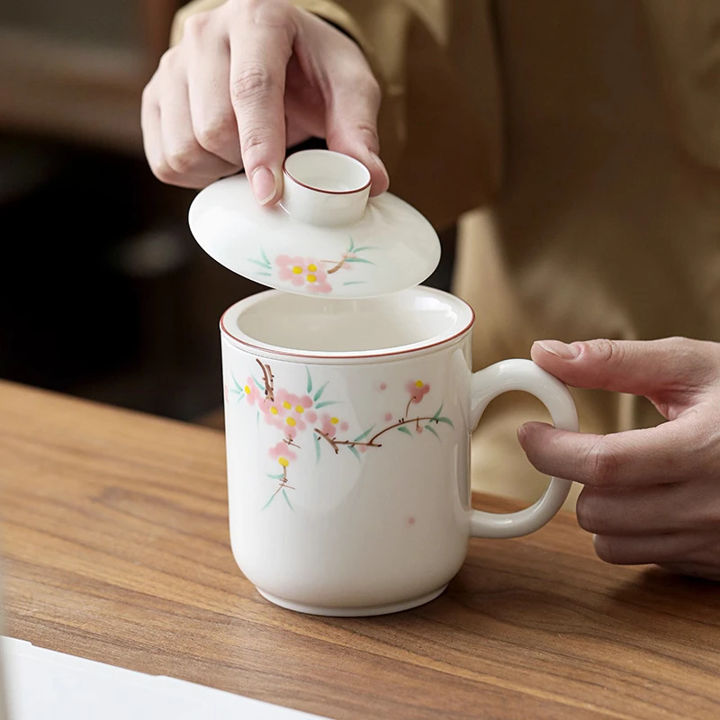 Chinese Style Ceramic Peach blossom pattern Mugs, Personal Office Creative Teacup With Cover, Filtered Tea Water Separation, 1Pc