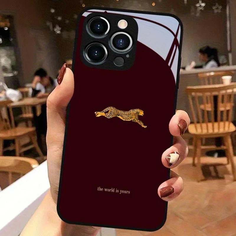 Stylish Wine Red Leopard Pattern Phone Case with Glass Silicone Frame