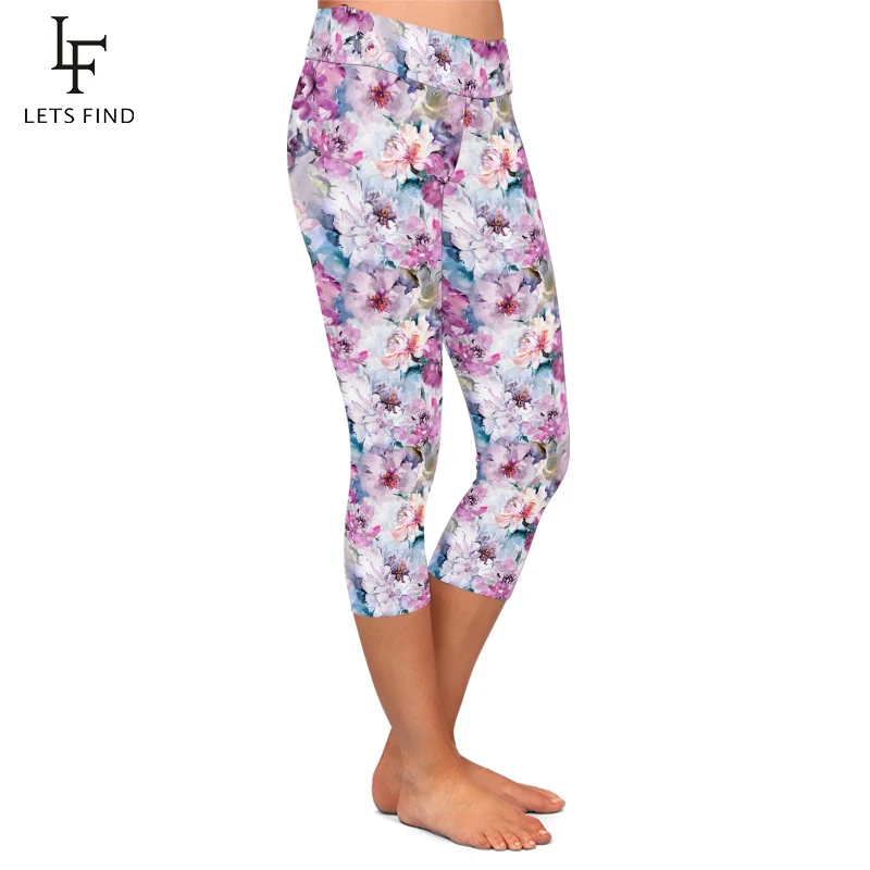 LETSFIND Summer Beautiful Flowers Print Capri Leggings High Waist  Soft and Comfortable Fitness Mid-Calf Leggings