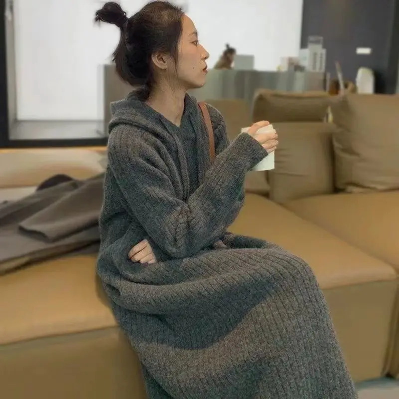 

Fall/Winter 2023 New Hooded Sweater Dress Knit Solid Color All-match Knitted Over-the-knee Long Dress Loose Women's Clothing
