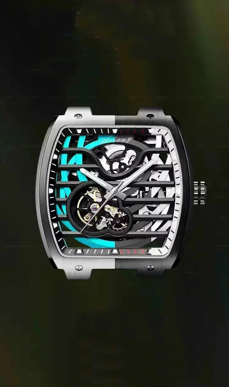 2025 AILANG Marken-Herrenuhr mit Tonneau-Gehäuse, Automatik-Mechanik, Skelett-Design, Wasserdicht, Leuchtend, Silikonarmband – Detail 2