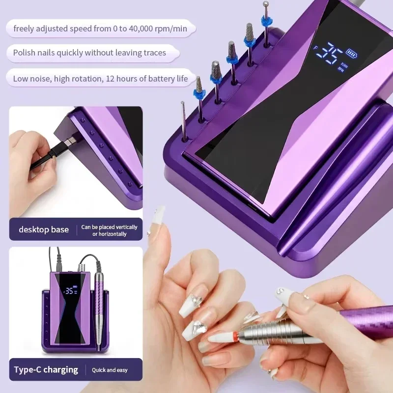 Wholesale Brushless 40000RPM Storage Nail Grinder Charging Portable Nail Remover Nail Art Machine Nail Stuff Wave Polish Makeups 2