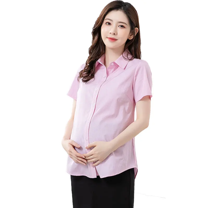 전문적인 면 소재 임산부 셔츠, 스트라이프 반팔 작업복, 면접 및 사무실용, 봄/가을용 긴팔