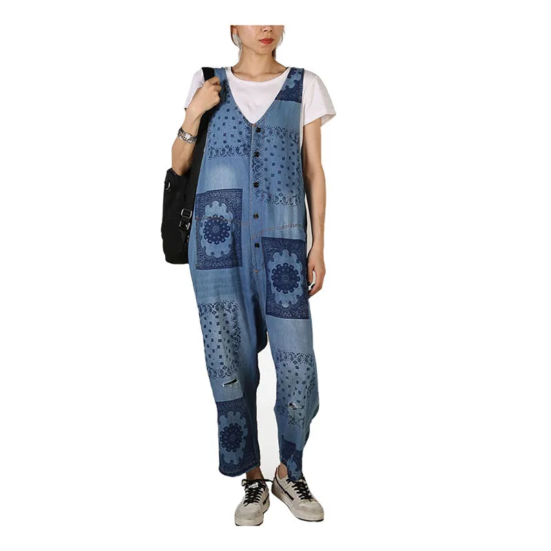 

Summer Sleeveless V Neck Overalls Women Button Loose Wide Leg Playsuits Print Pattern Washed Bleached Scratched Jean Rompers