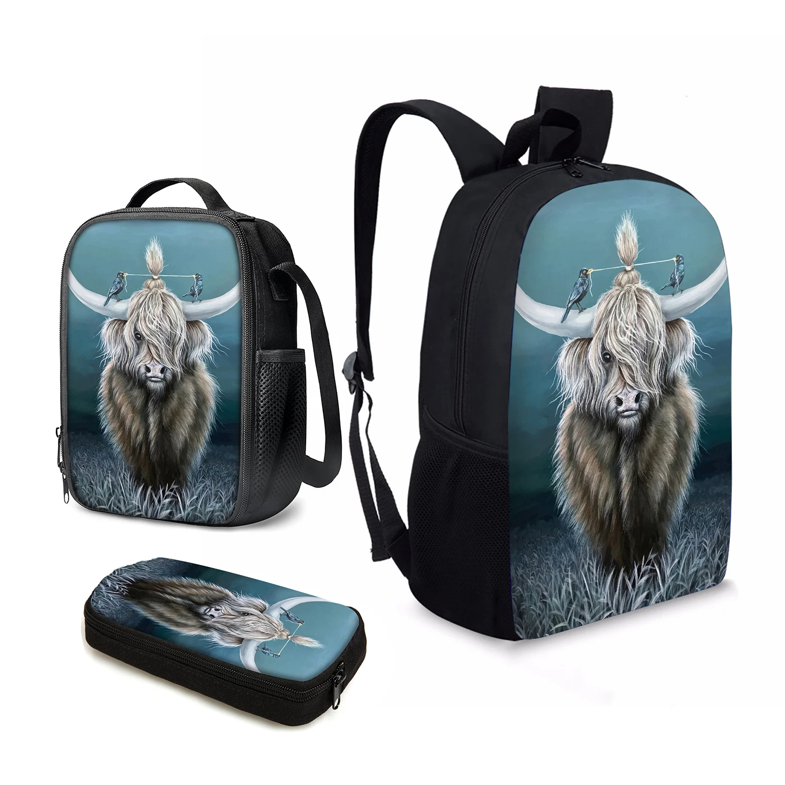 

YIKELUO Fashion Highland Cow 3D Printing Durable And Dirt-resistant Backpack Student Textbook Knapsack Insulation Lunch Bag