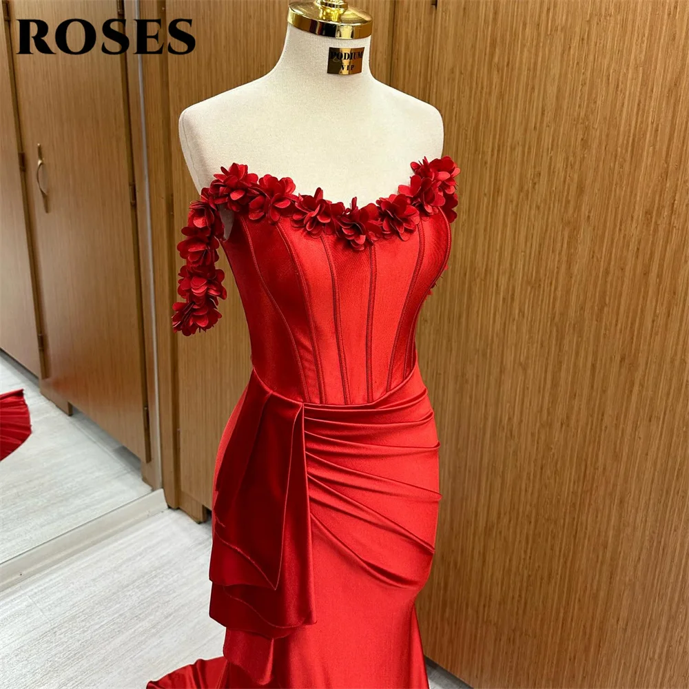 ROSES Red Prom Dress Off The Shoulder 3D Flowers Evening Dress With Pleat Mermaid Satin Party Dress Side Split Robe De Soirée
