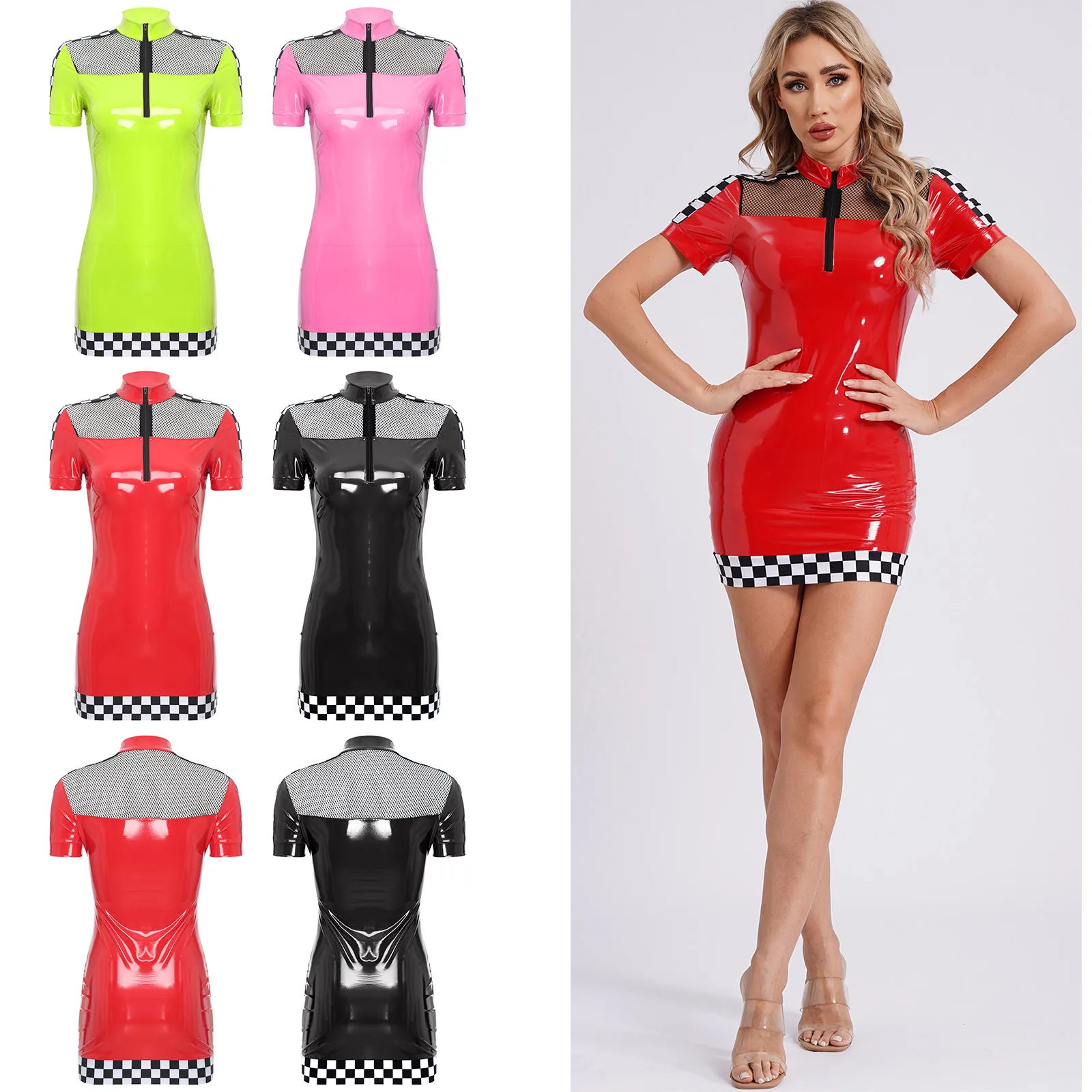 Womens Sexy Racer Driver Mini Dress Wet Look PU Leather Checkerboard Short Sleeve See Through Mesh Bodycon Dress for Party Club 5