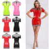 Womens Sexy Racer Driver Mini Dress Wet Look PU Leather Checkerboard Short Sleeve See Through Mesh Bodycon Dress for Party Club 5