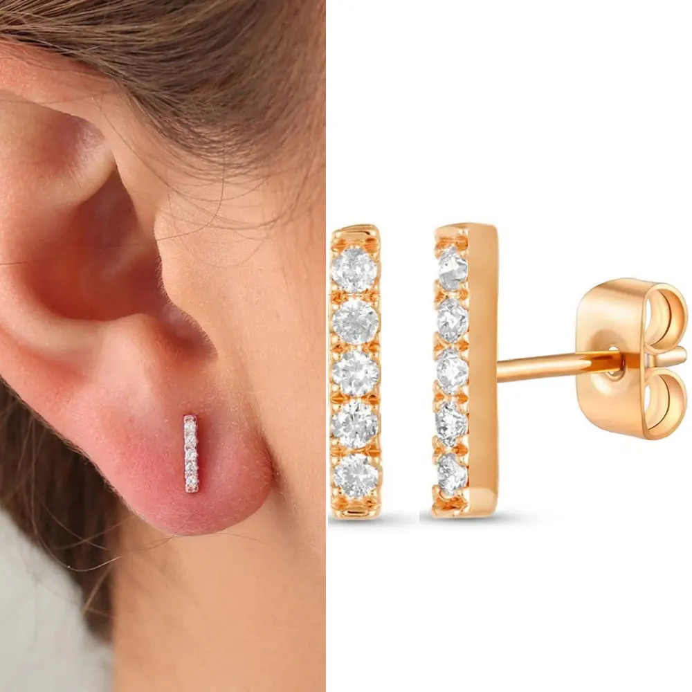 Minimalist Small Rose Gold Zirconia Stud Earrings for Women Fashion Flat Bar Earrings Fine Jewelry Gifts