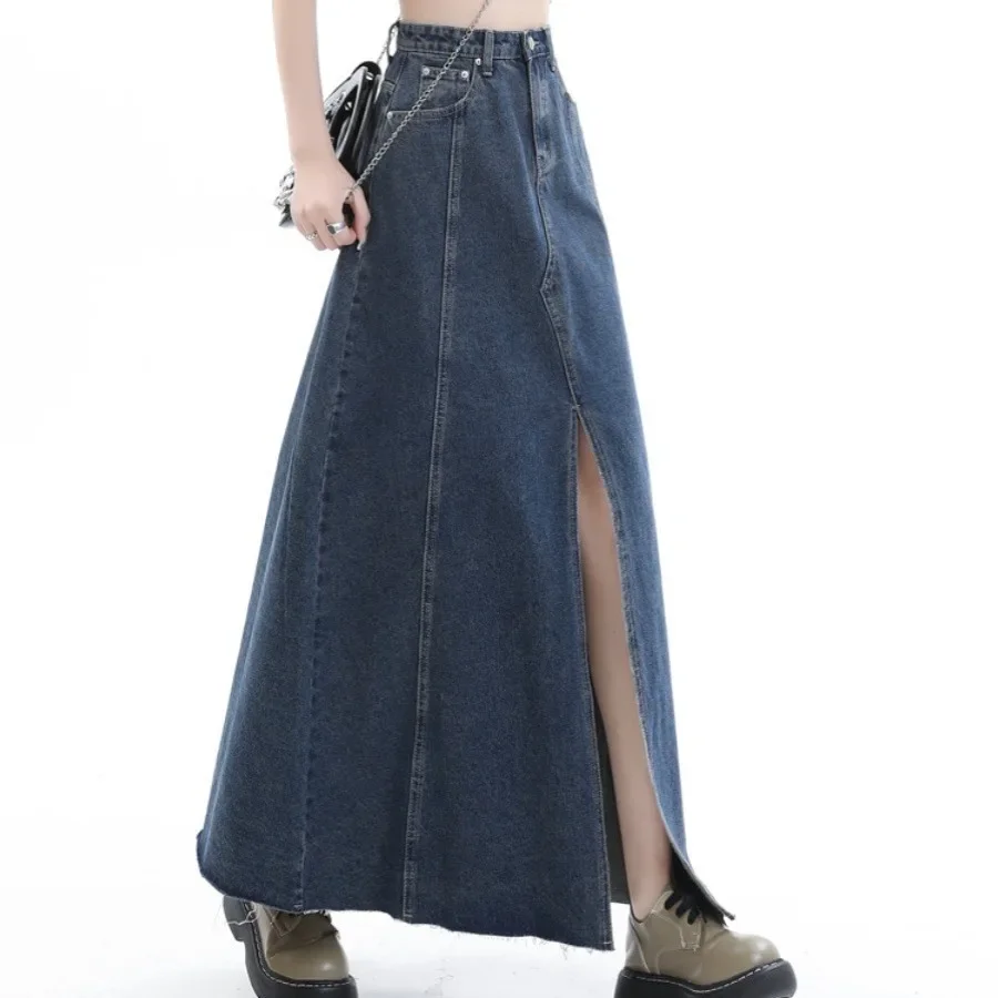 Getadme Distressed Washing Denim Skirt Women's Spring Autumn Vintage Straight-leg A- line Design Sensibility Slimming Long Dress